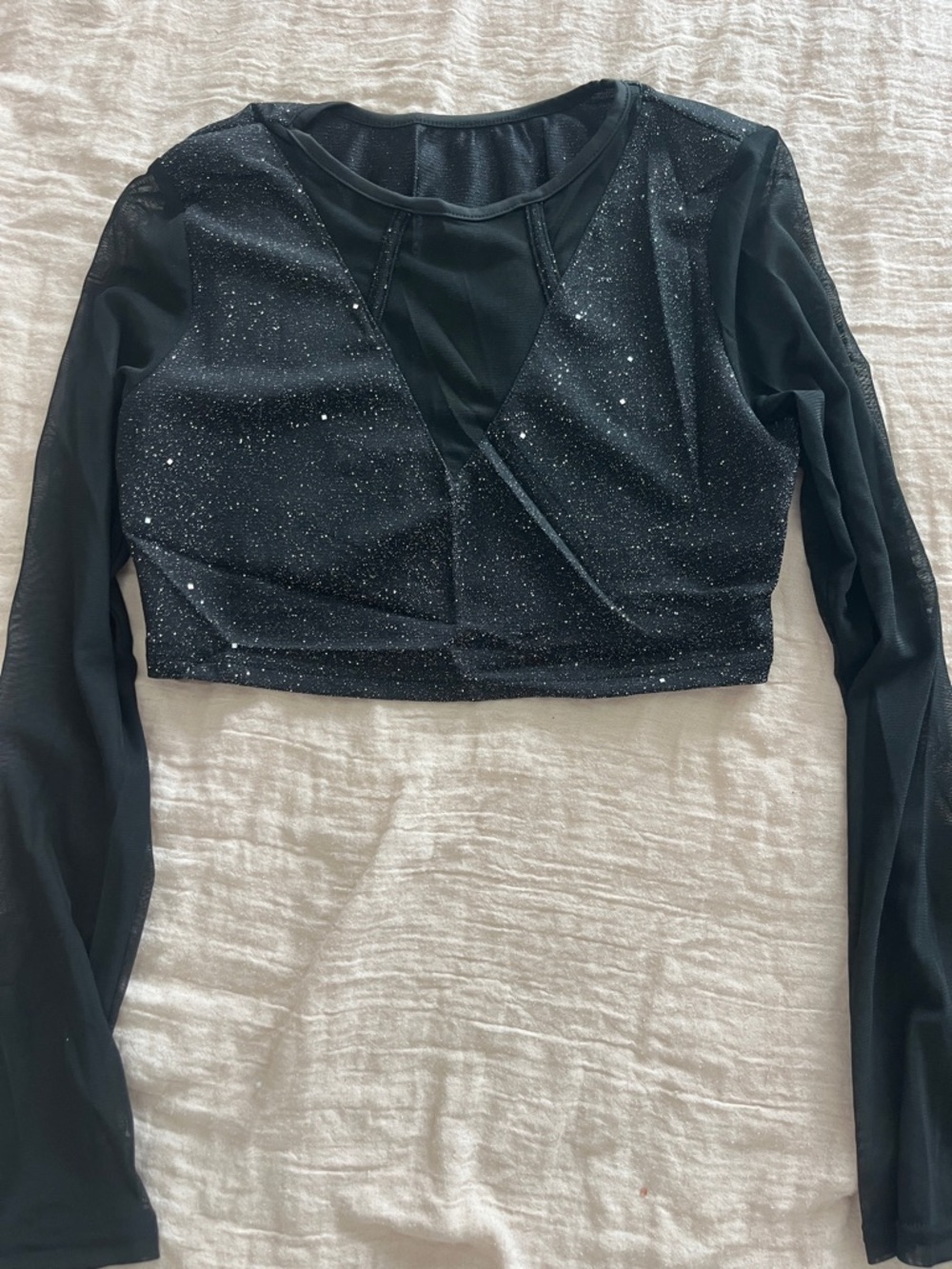 SHEIN Black Glitter Mesh Long Sleeve Crop Top